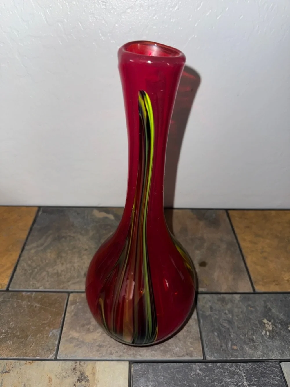 Pier 1 14.5 Red Handblown Glass Bud Vase with Multicolor Teardrop Accent